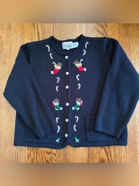 Tally Ho Button Down Holiday Christmas Black Sweater Stocking Candy Cane Size L